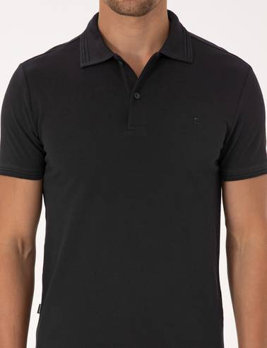 Siyah Slim Fit %100 Pamuk Kıvrılmaz Düğmeli Polo Yaka Basic Tişört