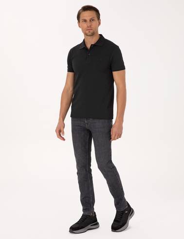 Siyah Slim Fit %100 Pamuk Kıvrılmaz Düğmeli Polo Yaka Basic Tişört