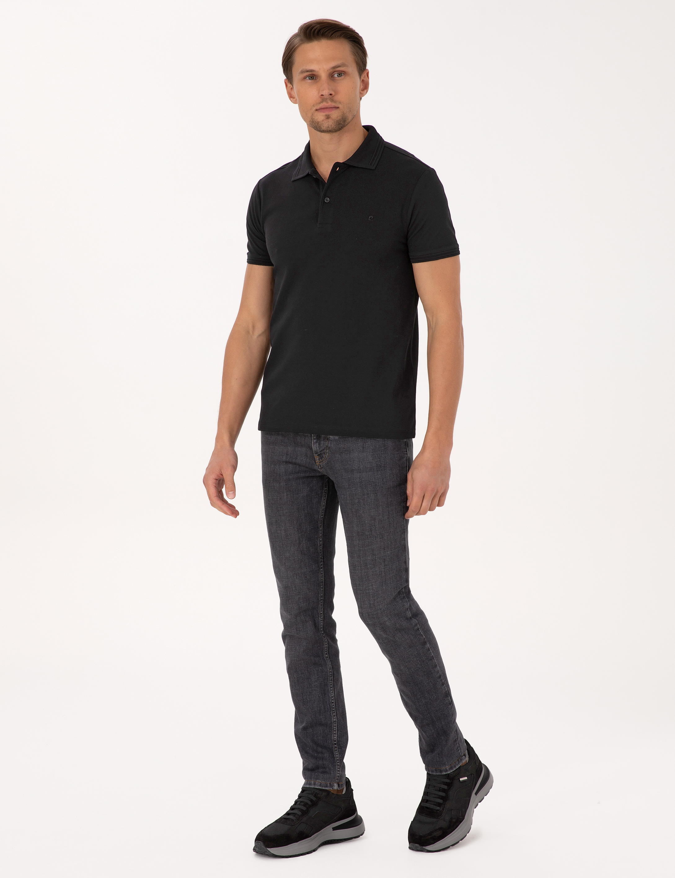 Siyah Slim Fit %100 Pamuk Kıvrılmaz Düğmeli Polo Yaka Basic Tişört - 50325323150