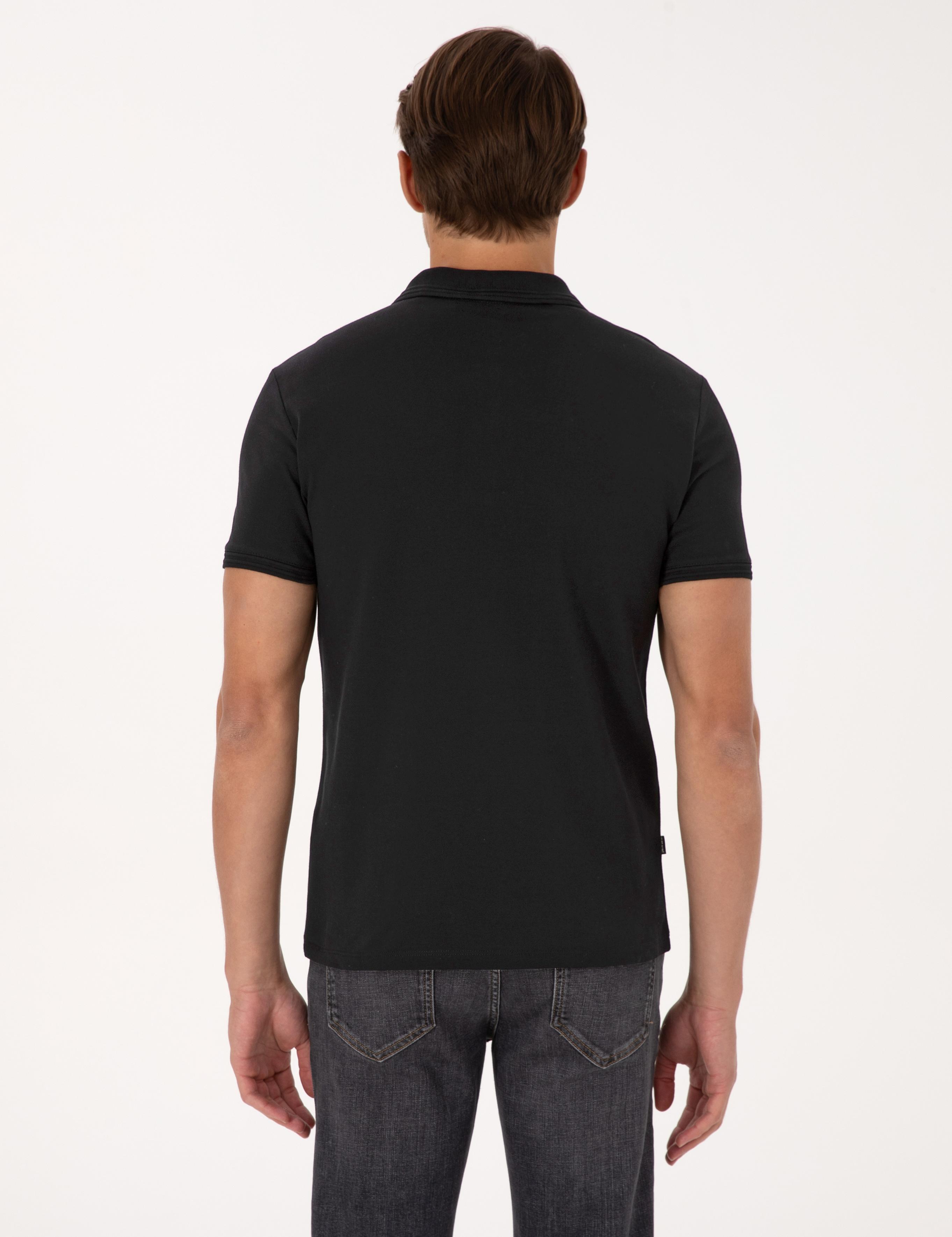 Siyah Slim Fit %100 Pamuk Kıvrılmaz Düğmeli Polo Yaka Basic Tişört