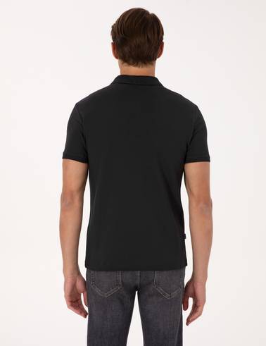 Siyah Slim Fit %100 Pamuk Kıvrılmaz Düğmeli Polo Yaka Basic Tişört