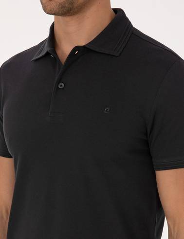 Siyah Slim Fit %100 Pamuk Kıvrılmaz Düğmeli Polo Yaka Basic Tişört