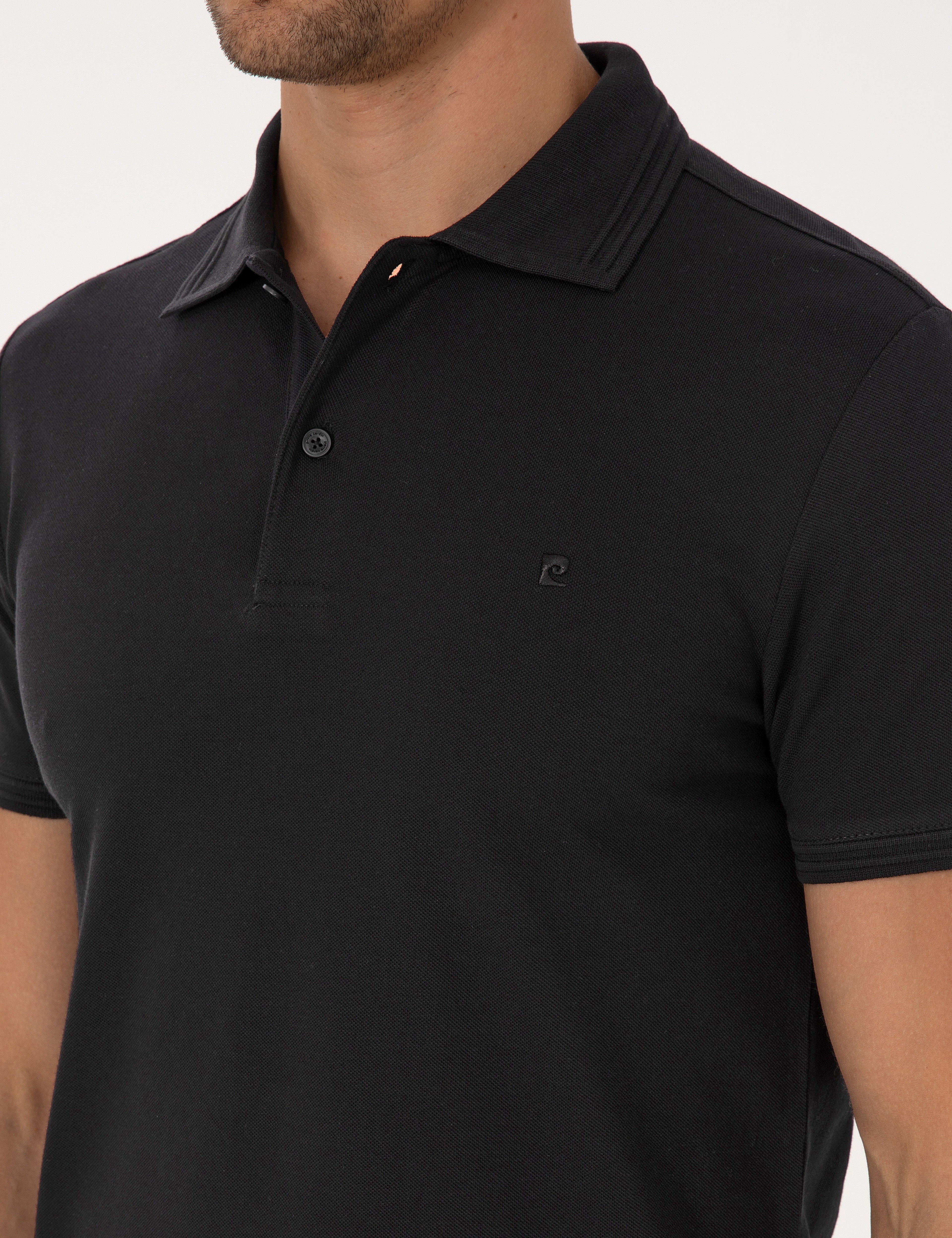 Siyah Slim Fit %100 Pamuk Kıvrılmaz Düğmeli Polo Yaka Basic Tişört