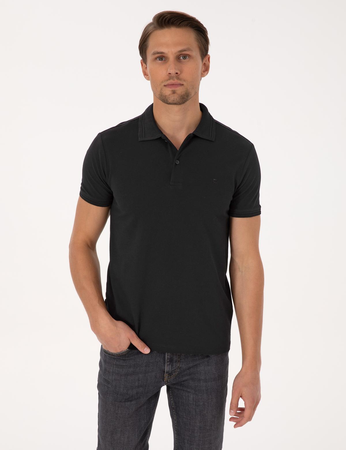 Siyah Slim Fit %100 Pamuk Kıvrılmaz Düğmeli Polo Yaka Basic Tişört