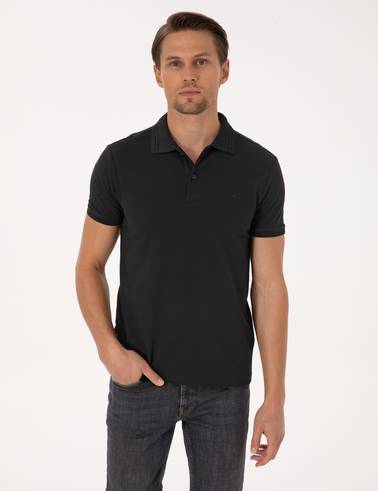 Siyah Slim Fit %100 Pamuk Kıvrılmaz Düğmeli Polo Yaka Basic Tişört