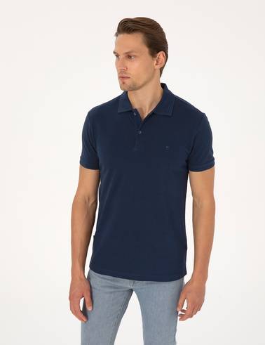 Lacivert Slim Fit %100 Pamuk Kıvrılmaz Düğmeli Polo Yaka Basic Tişört