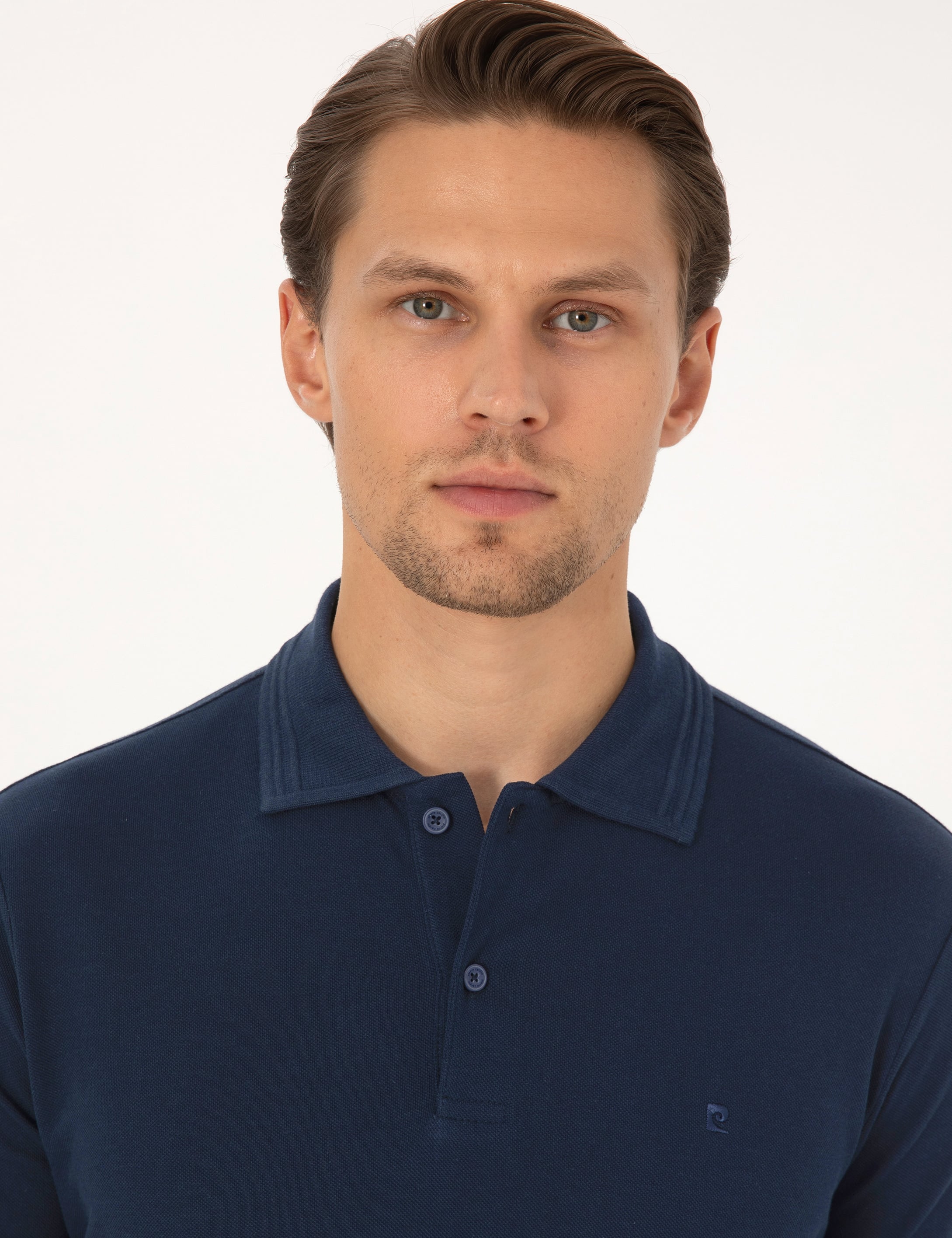 Lacivert Slim Fit %100 Pamuk Kıvrılmaz Düğmeli Polo Yaka Basic Tişört - 50325323107