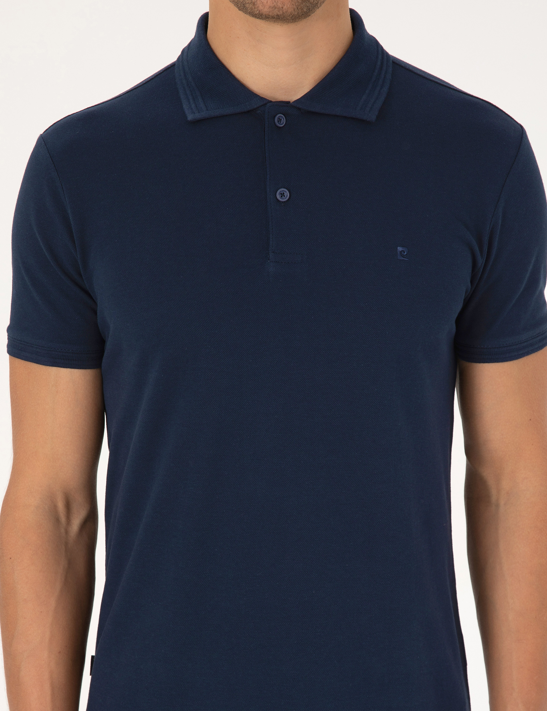 Lacivert Slim Fit %100 Pamuk Kıvrılmaz Düğmeli Polo Yaka Basic Tişört