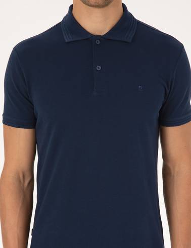 Lacivert Slim Fit %100 Pamuk Kıvrılmaz Düğmeli Polo Yaka Basic Tişört