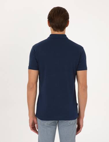 Lacivert Slim Fit %100 Pamuk Kıvrılmaz Düğmeli Polo Yaka Basic Tişört