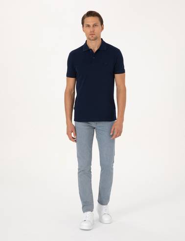 Lacivert Slim Fit %100 Pamuk Kıvrılmaz Düğmeli Polo Yaka Basic Tişört