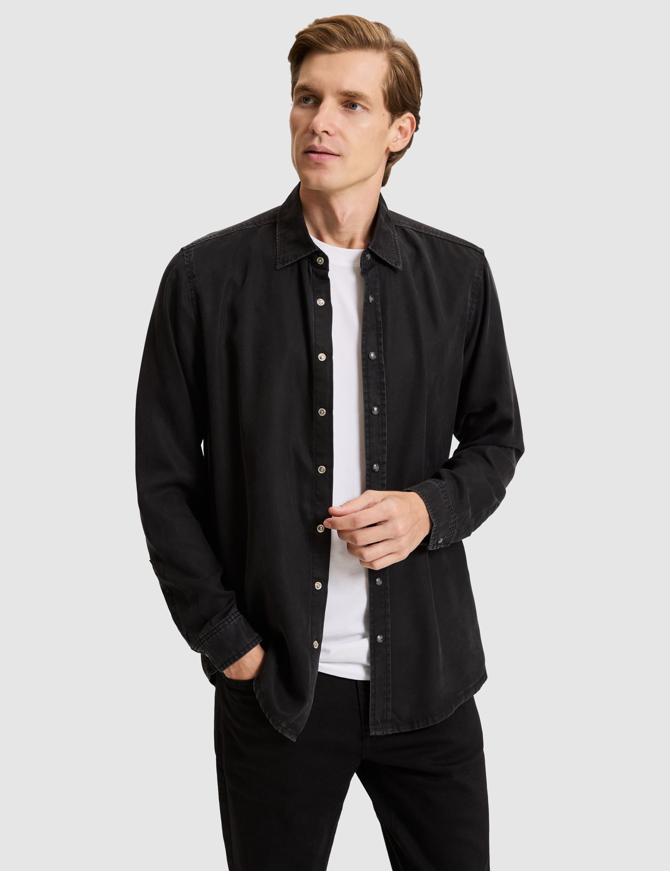 Siyah Regular Fit Uzun Kollu Jean Gömlek