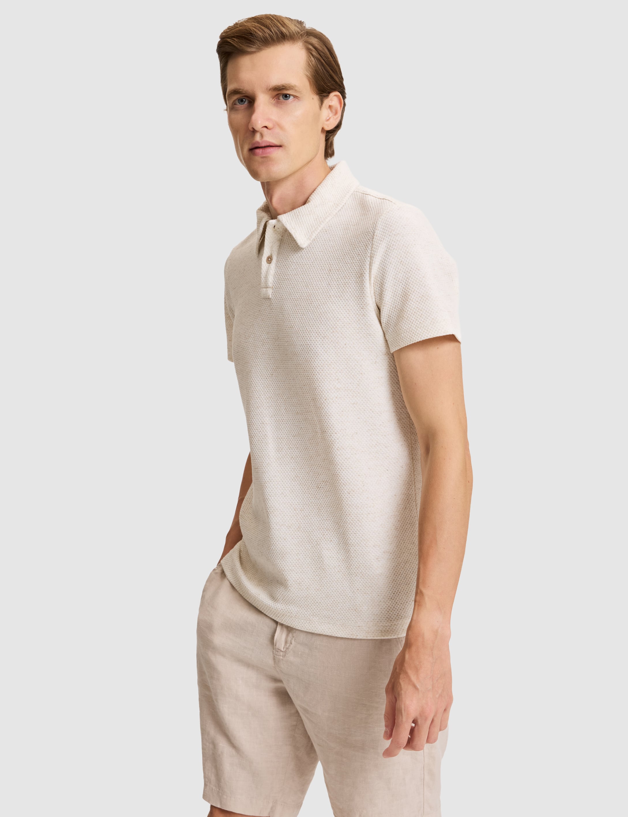 Bej Slim Fit Keten Karışımlı Düğmeli Polo Yaka Tişört - 50303867198