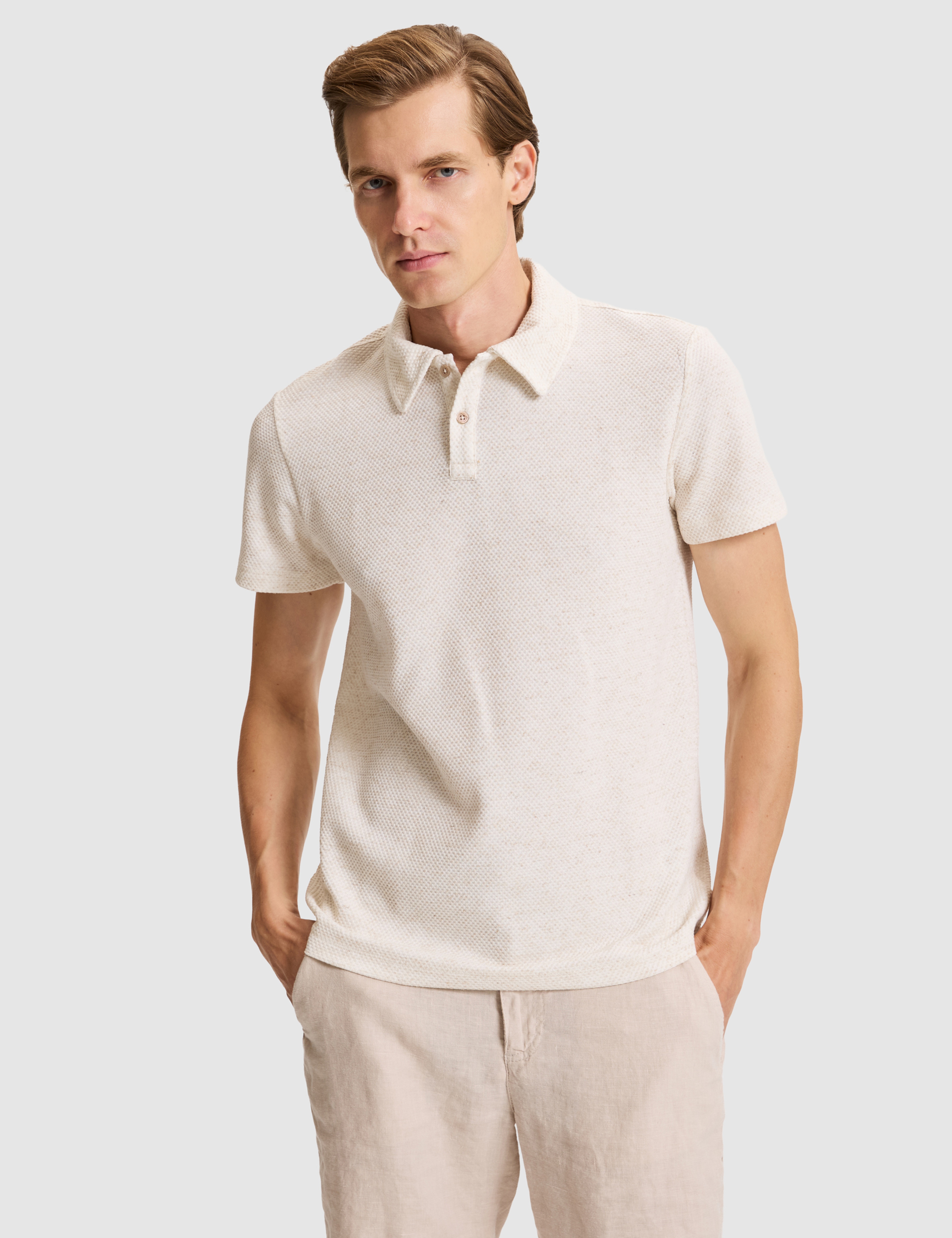 Bej Slim Fit Keten Karışımlı Düğmeli Polo Yaka Tişört