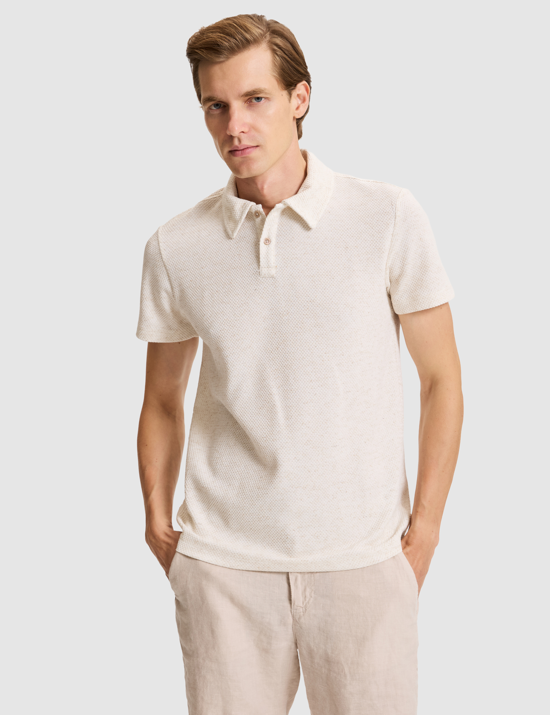 Bej Slim Fit Keten Karışımlı Düğmeli Polo Yaka Tişört