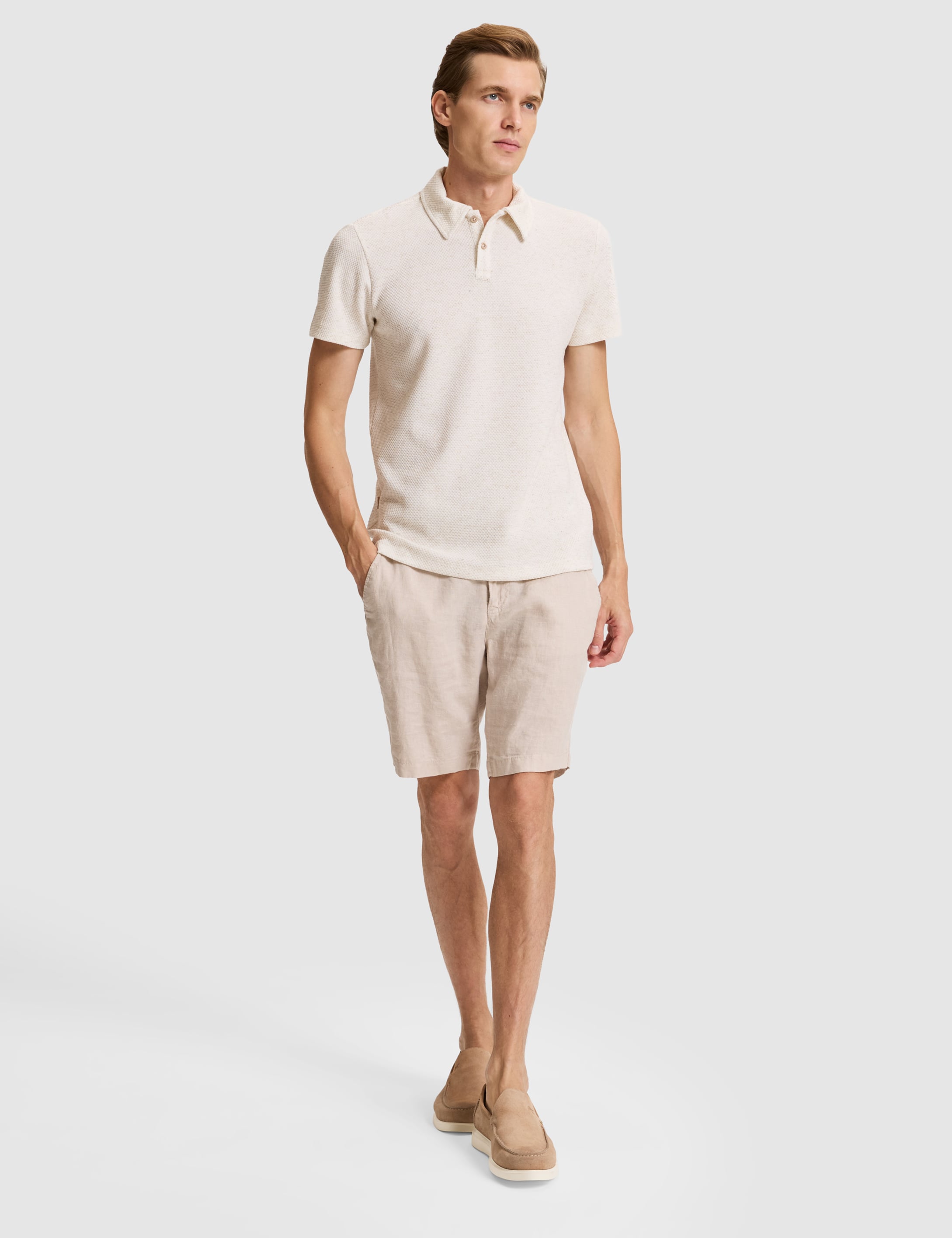 Bej Slim Fit Keten Karışımlı Düğmeli Polo Yaka Tişört - 50303867198