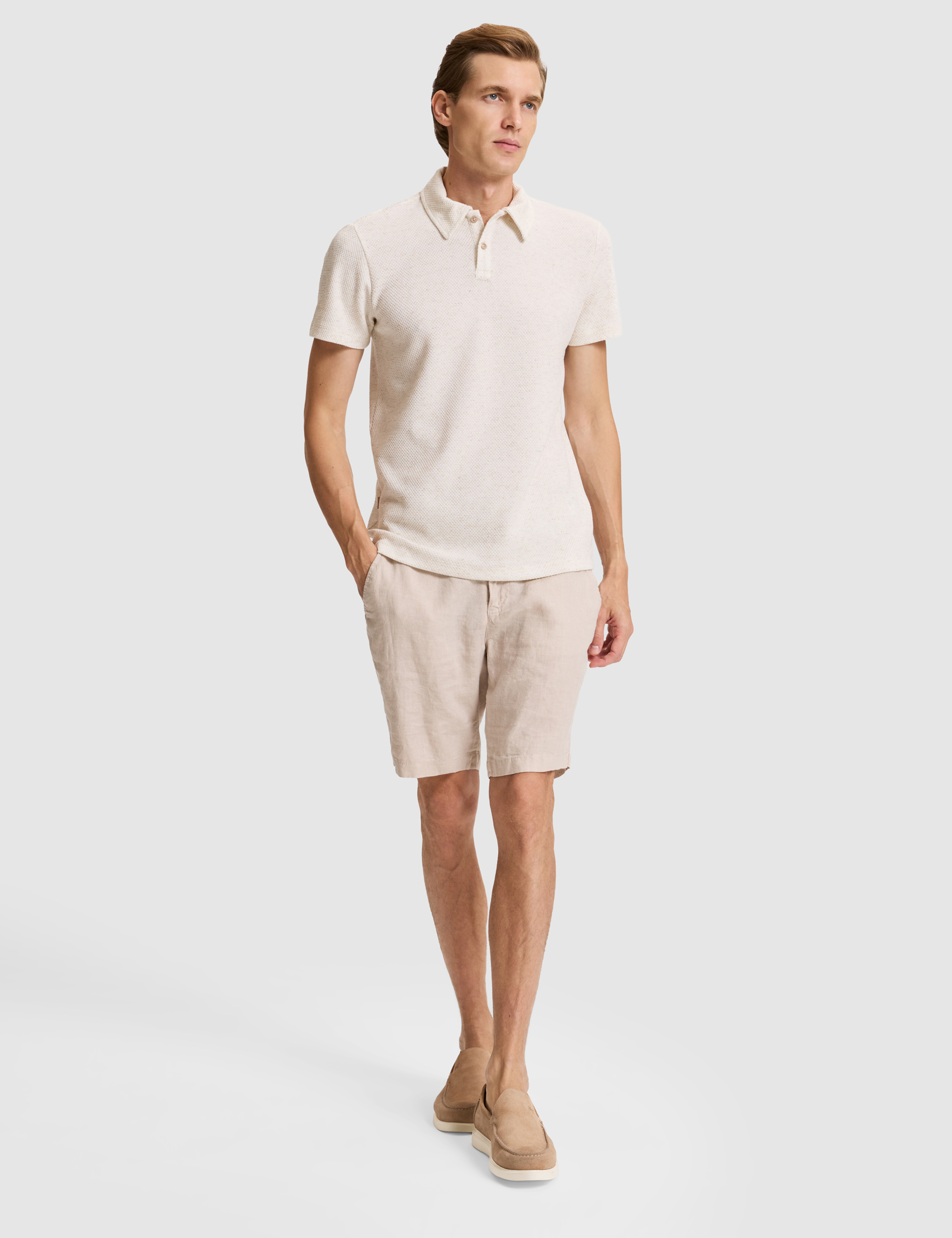 Bej Slim Fit Keten Karışımlı Düğmeli Polo Yaka Tişört
