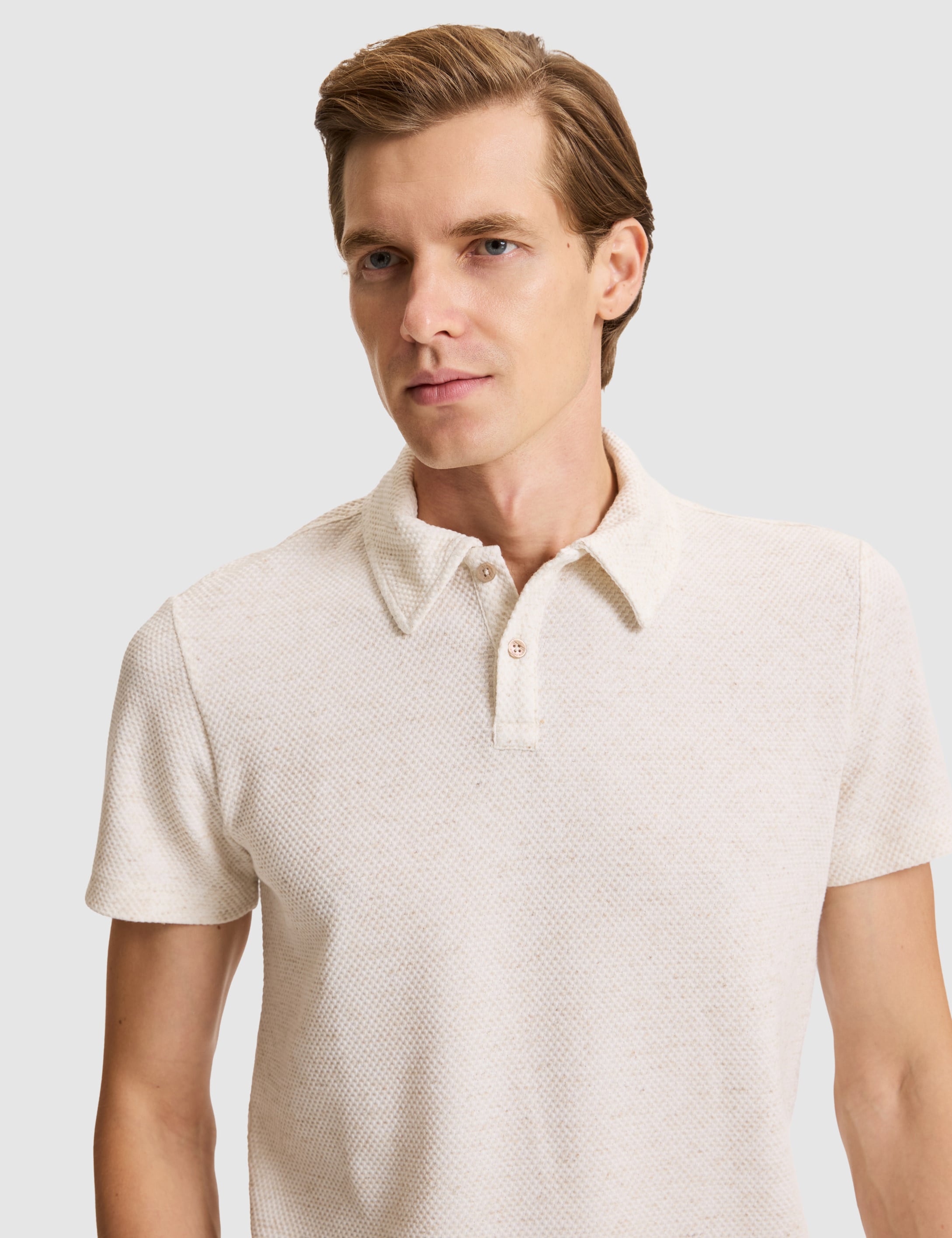 Bej Slim Fit Keten Karışımlı Düğmeli Polo Yaka Tişört