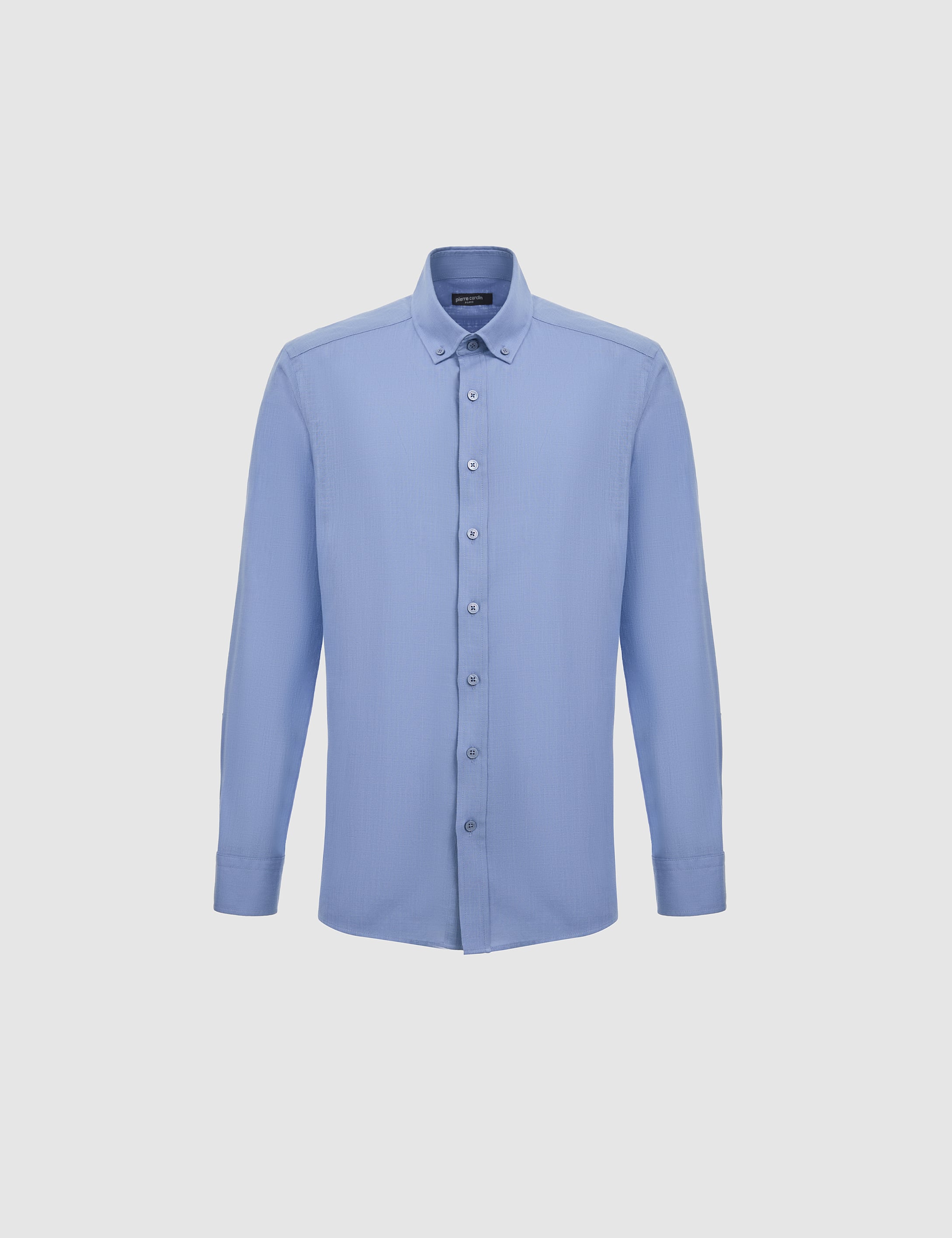 Mavi %100 Pamuk Keten Görünümlü Slim Fit Uzun Kollu Gömlek