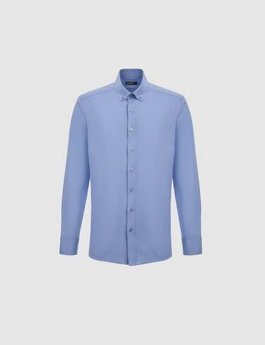 Mavi %100 Pamuk Keten Görünümlü Slim Fit Uzun Kollu Gömlek