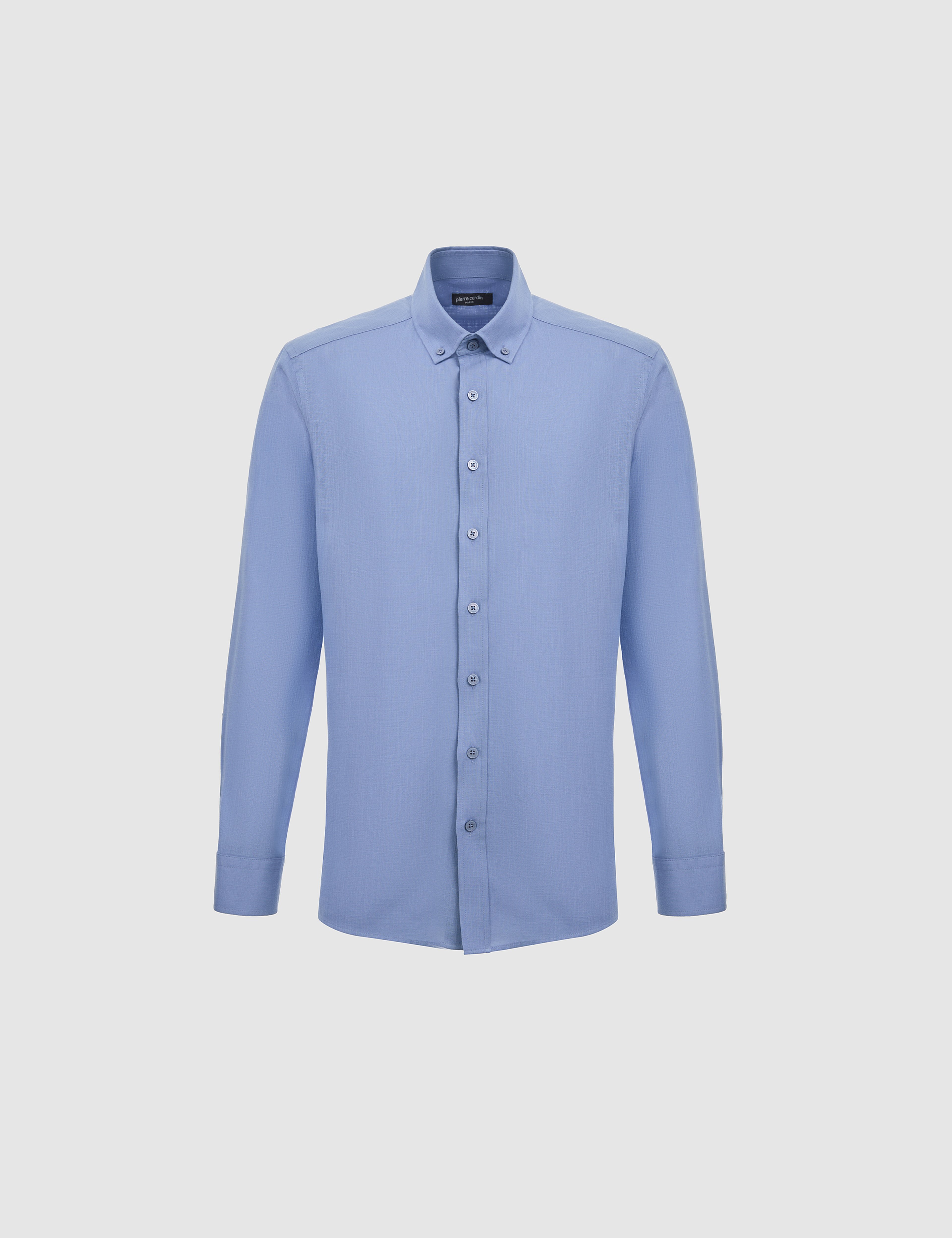 Mavi %100 Pamuk Keten Görünümlü Slim Fit Uzun Kollu Gömlek