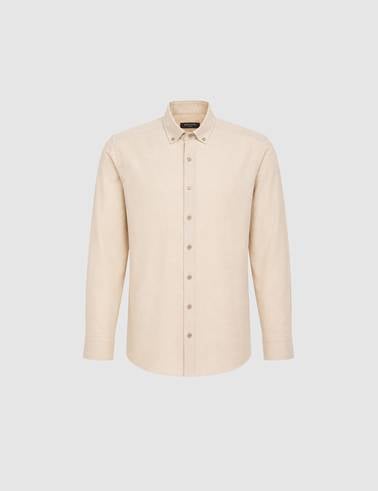 Koyu Bej %100 Pamuk Keten Görünümlü Slim Fit Uzun Kollu Gömlek