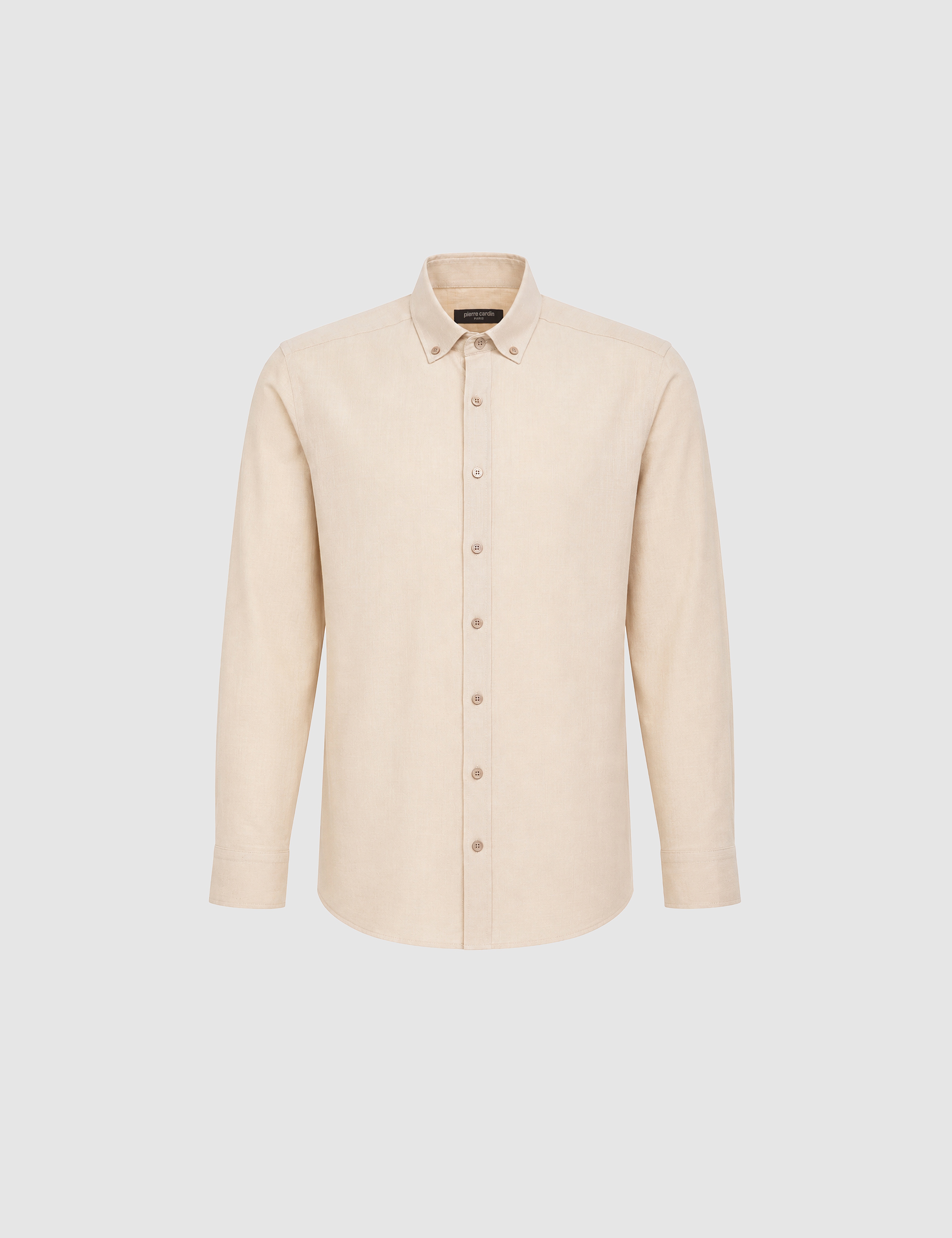 Koyu Bej %100 Pamuk Keten Görünümlü Slim Fit Uzun Kollu Gömlek - Image 7