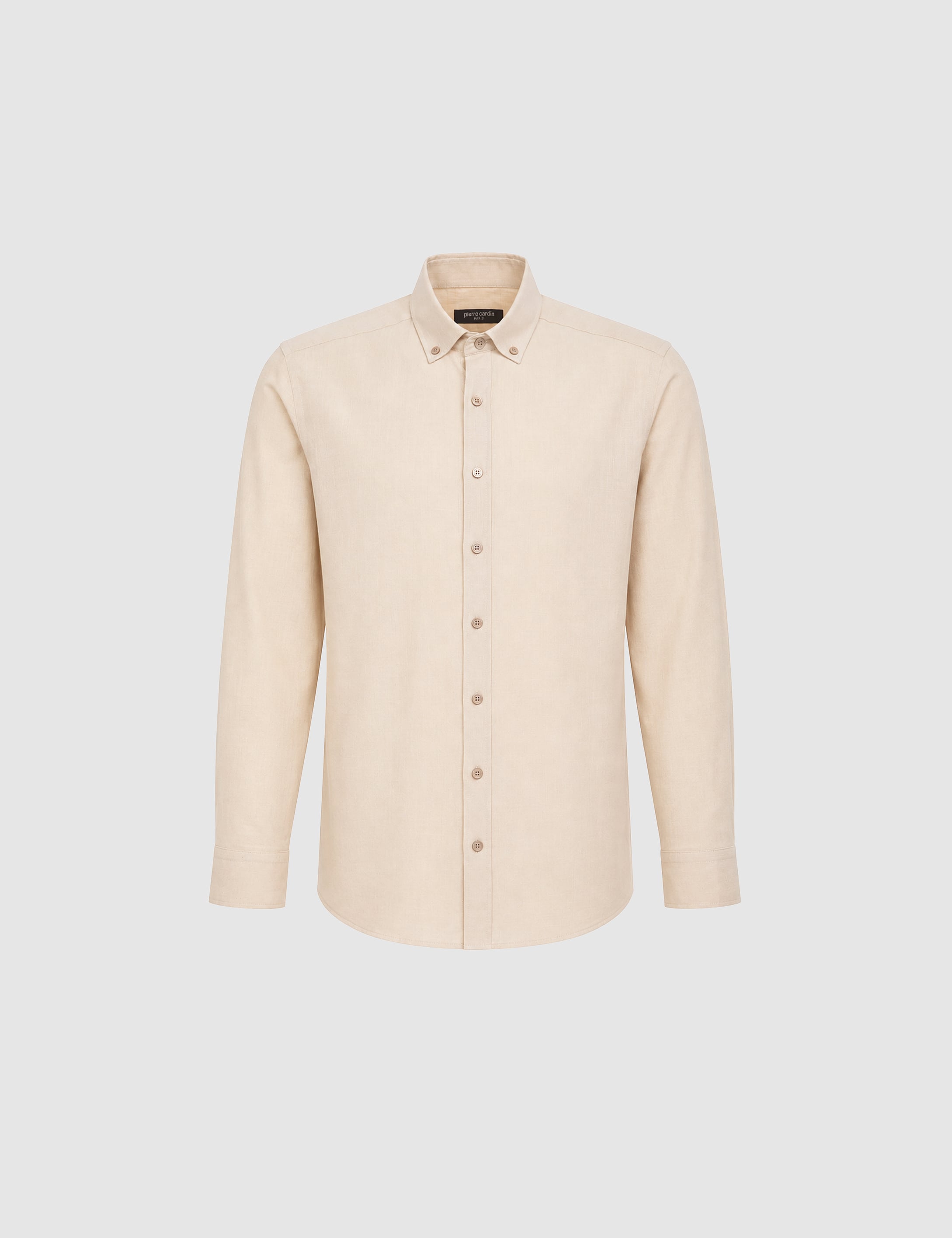 Koyu Bej %100 Pamuk Keten Görünümlü Slim Fit Uzun Kollu Gömlek