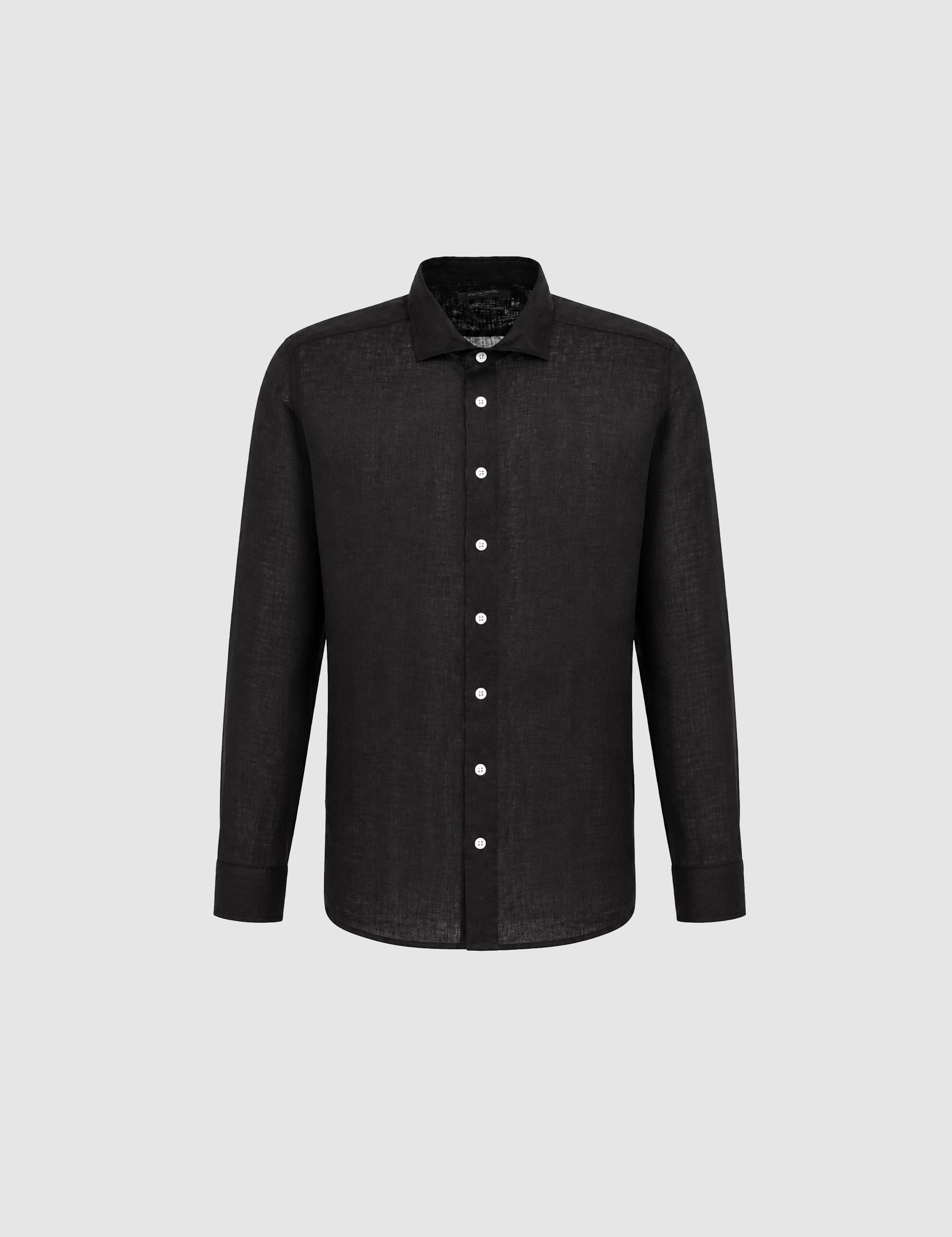 Siyah %100 Keten Regular Fit Uzunkollu Gömlek