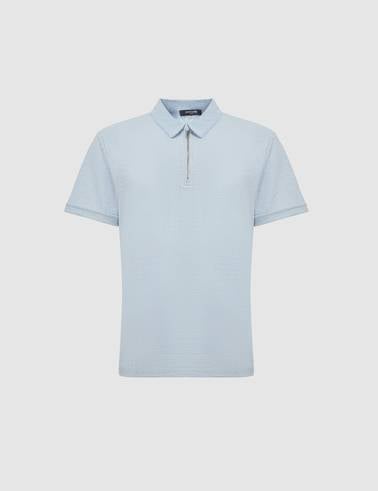 Açık Mavi Slim Fit Fermuarlı Polo Yaka Tişört