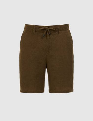 Haki Slim Fit %100 Keten Beli Lastikli Kordonlu Dokuma Şort