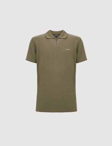 Haki Slim Fit Fermuarlı Polo Yaka Tişört