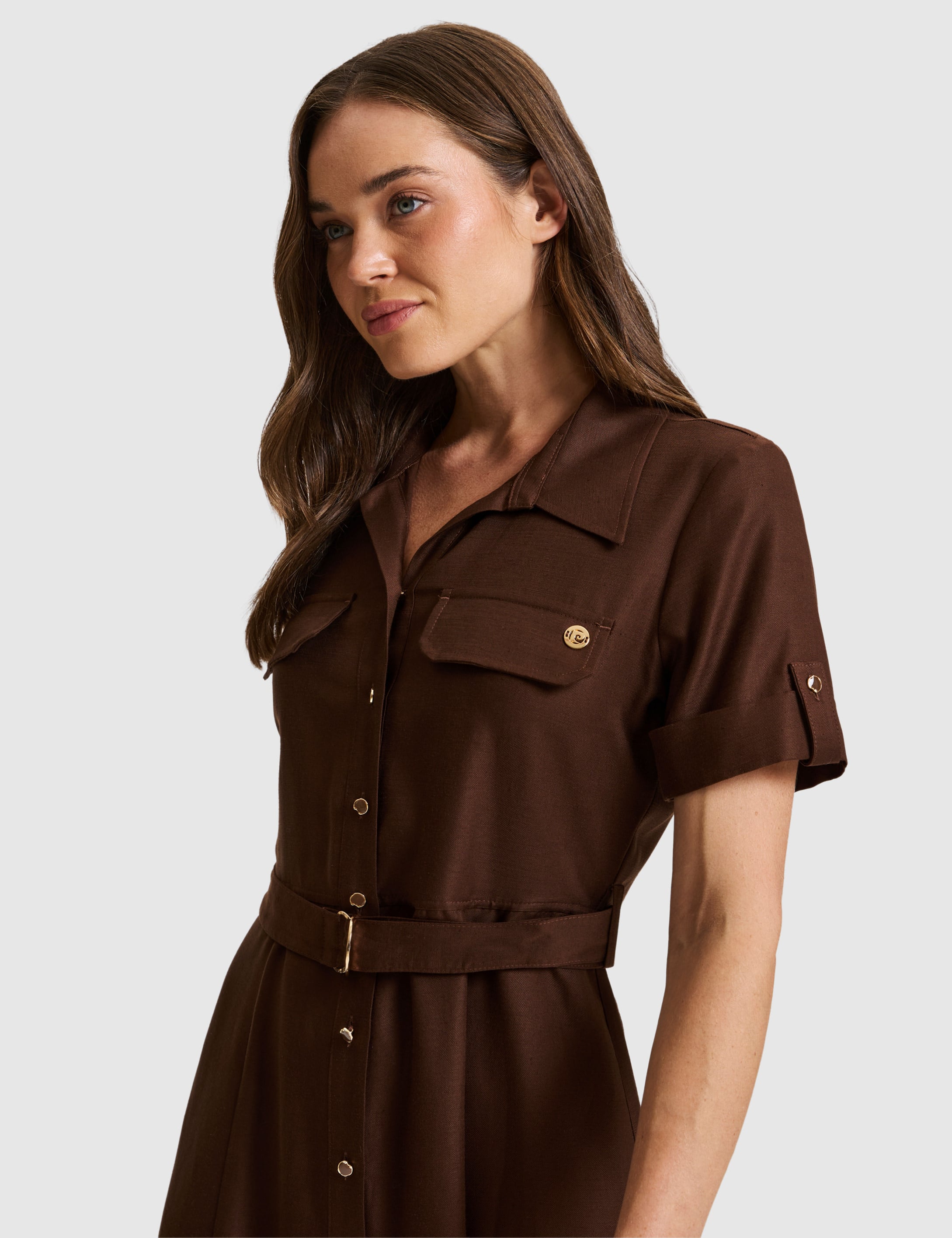 Kahverengi Regular Fit Dokuma Elbise - Image 3