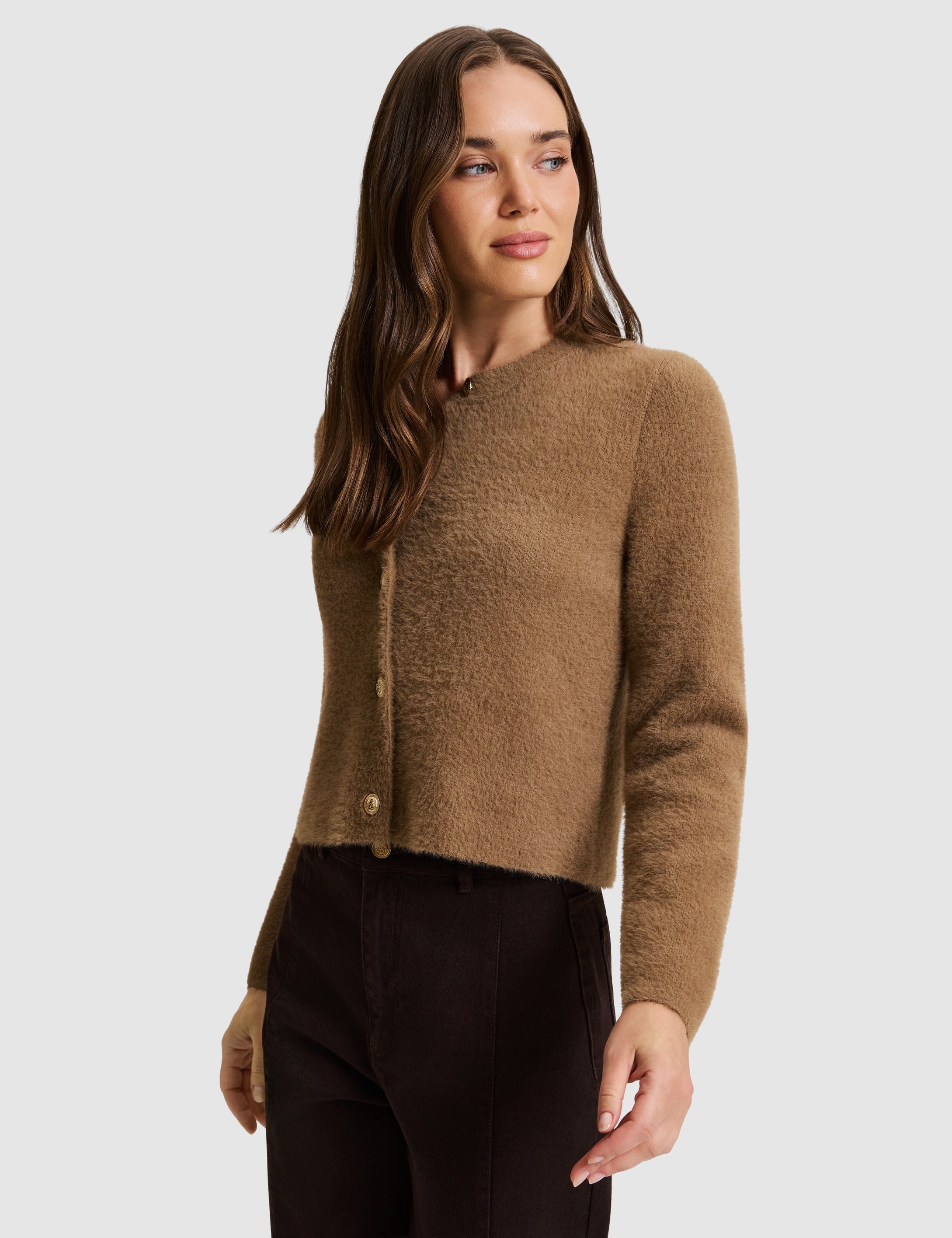 KAHVERENGİ Crop Top Triko Hırka - Image 3
