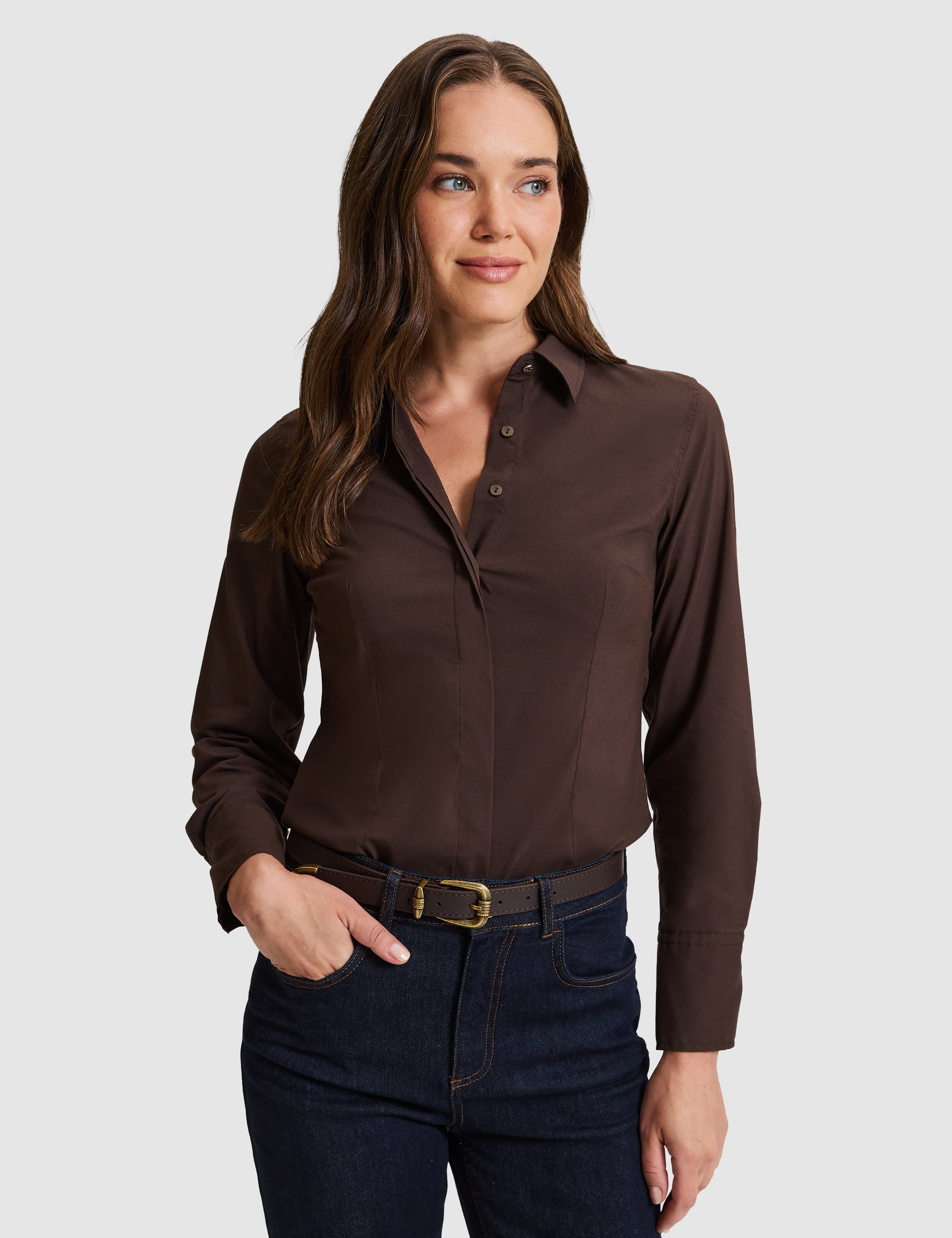 Kahverengi Slim Fit Uzun Kollu Gömlek - Image 1