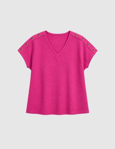 Fuşya Comfort Fit V Yaka Tişört