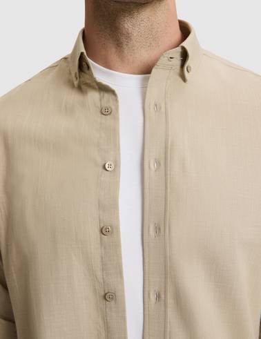 Haki Keten Görünümlü Slim Fit Uzun Kollu Gömlek