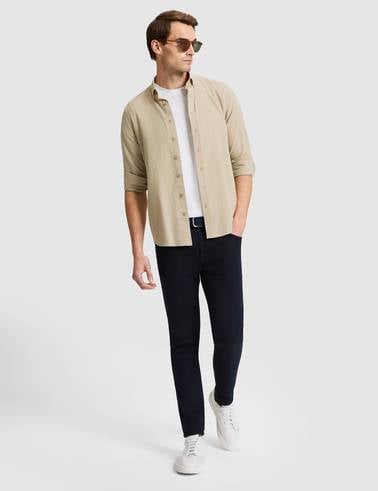 Haki Keten Görünümlü Slim Fit Uzun Kollu Gömlek