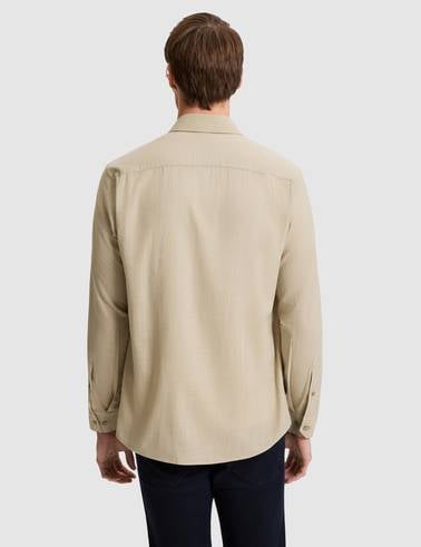 Haki Keten Görünümlü Slim Fit Uzun Kollu Gömlek