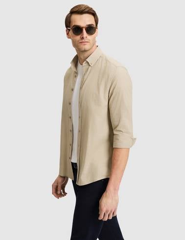 Haki Keten Görünümlü Slim Fit Uzun Kollu Gömlek