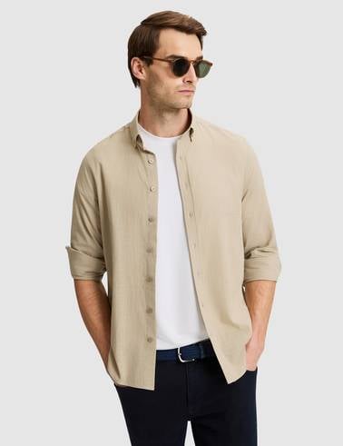 Haki Keten Görünümlü Slim Fit Uzun Kollu Gömlek