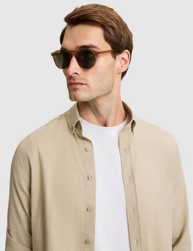 Haki Keten Görünümlü Slim Fit Uzun Kollu Gömlek