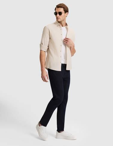 Bej Keten Görünümlü Slim Fit Uzun Kollu Gömlek