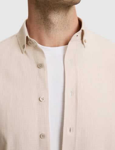 Bej Keten Görünümlü Slim Fit Uzun Kollu Gömlek