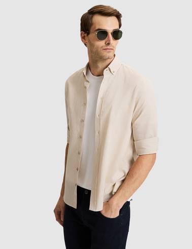 Bej Keten Görünümlü Slim Fit Uzun Kollu Gömlek