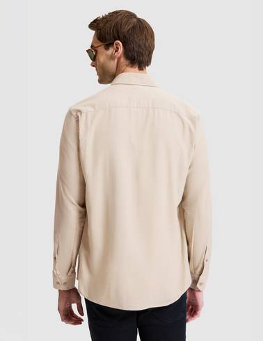 Bej Keten Görünümlü Slim Fit Uzun Kollu Gömlek