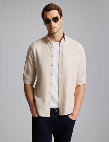 Bej Keten Görünümlü Slim Fit Uzun Kollu Gömlek