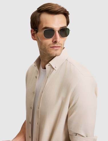 Bej Keten Görünümlü Slim Fit Uzun Kollu Gömlek