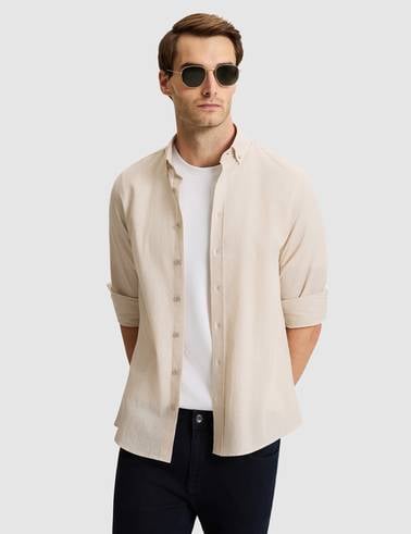 Bej Keten Görünümlü Slim Fit Uzun Kollu Gömlek