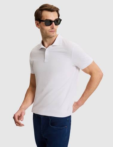 Beyaz Slim Fit %100 Pamuk Kıvrılmaz Düğmeli Polo Yaka Basic Tişört